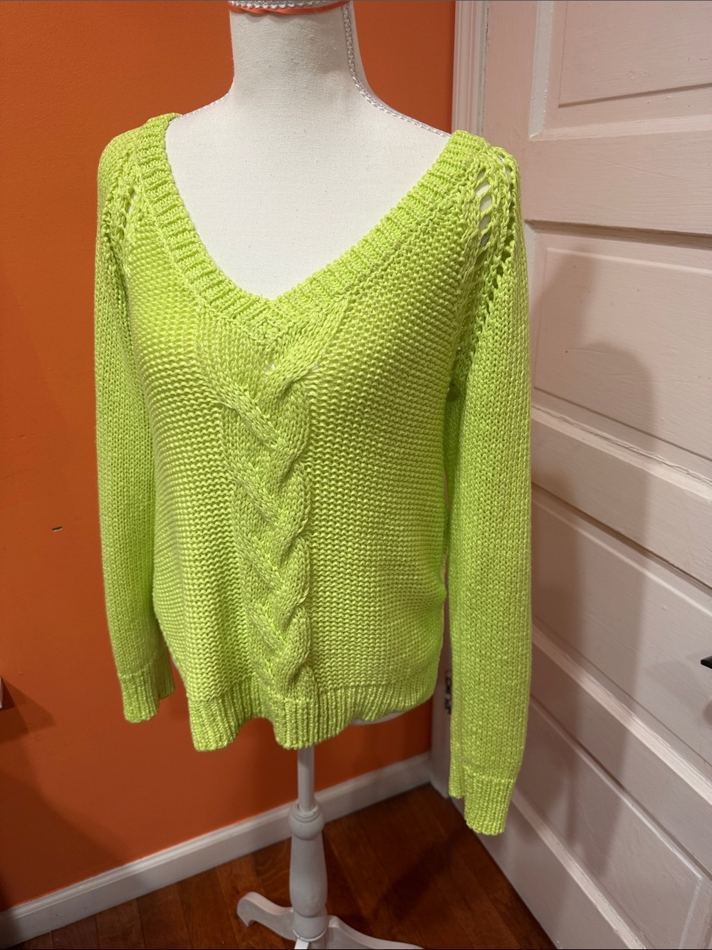 Zara Neon Lime V-Neck Cable Knit Sweater